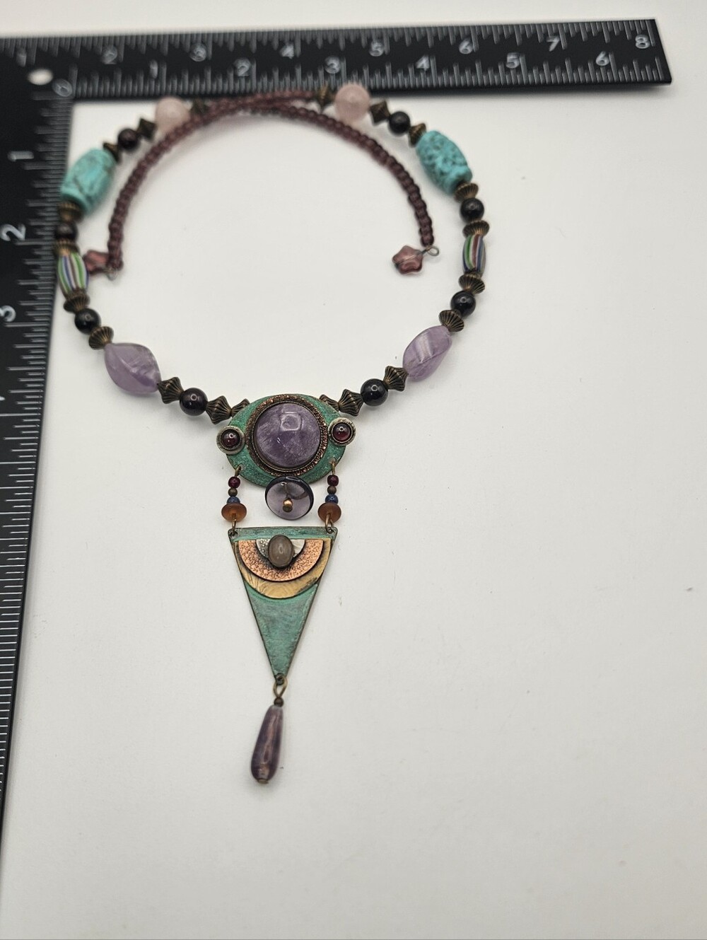 Vintage Artisan Necklace Choker Egyptian Revival Amethyst Cabochon - Picture 10 of 10